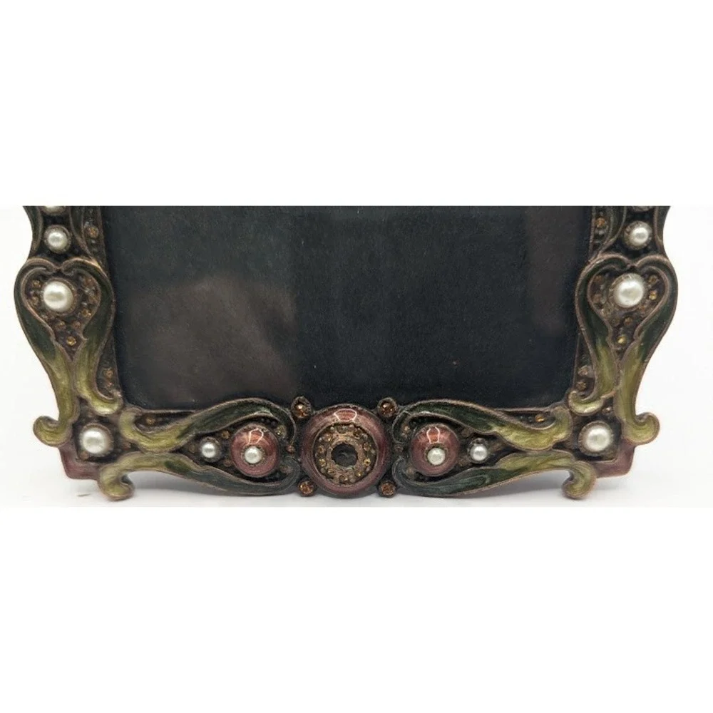 Vintage Ornate Jeweled Picture Frame Baroque Enamel Faux Pearl Crystal 4.5